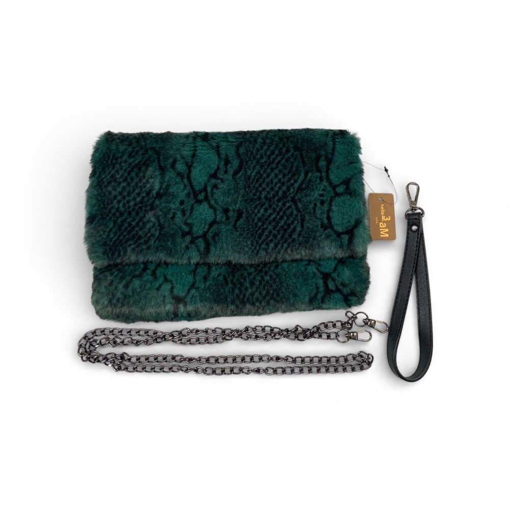 Snake Print /Python Fur Soft Plush Crossbody/Clutch- Green/Black - NWT- STYLE1